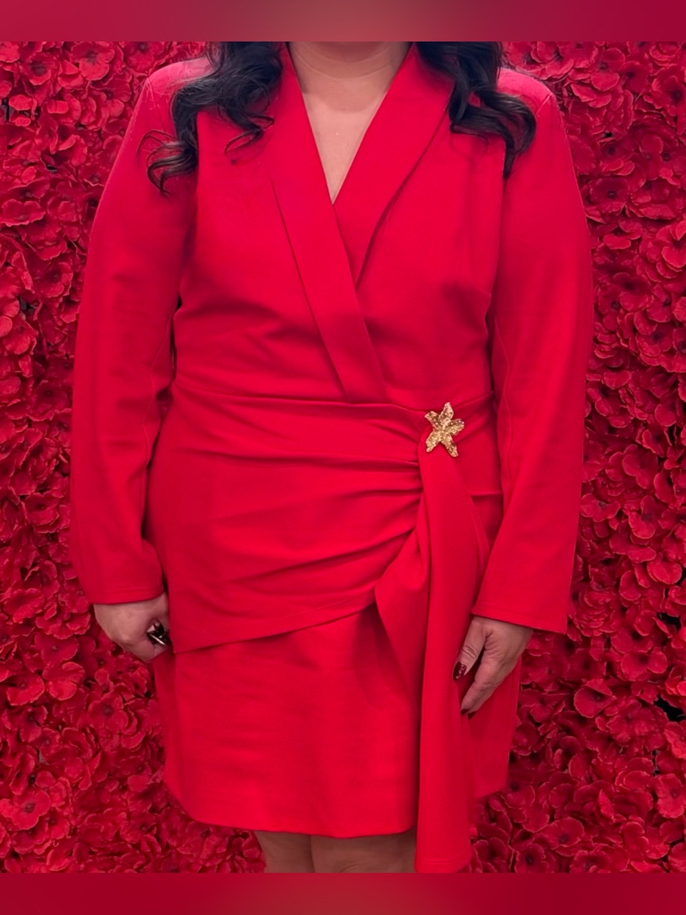 SHEIN Red Long-Sleeve Wrap Dress with Gold Star Accent